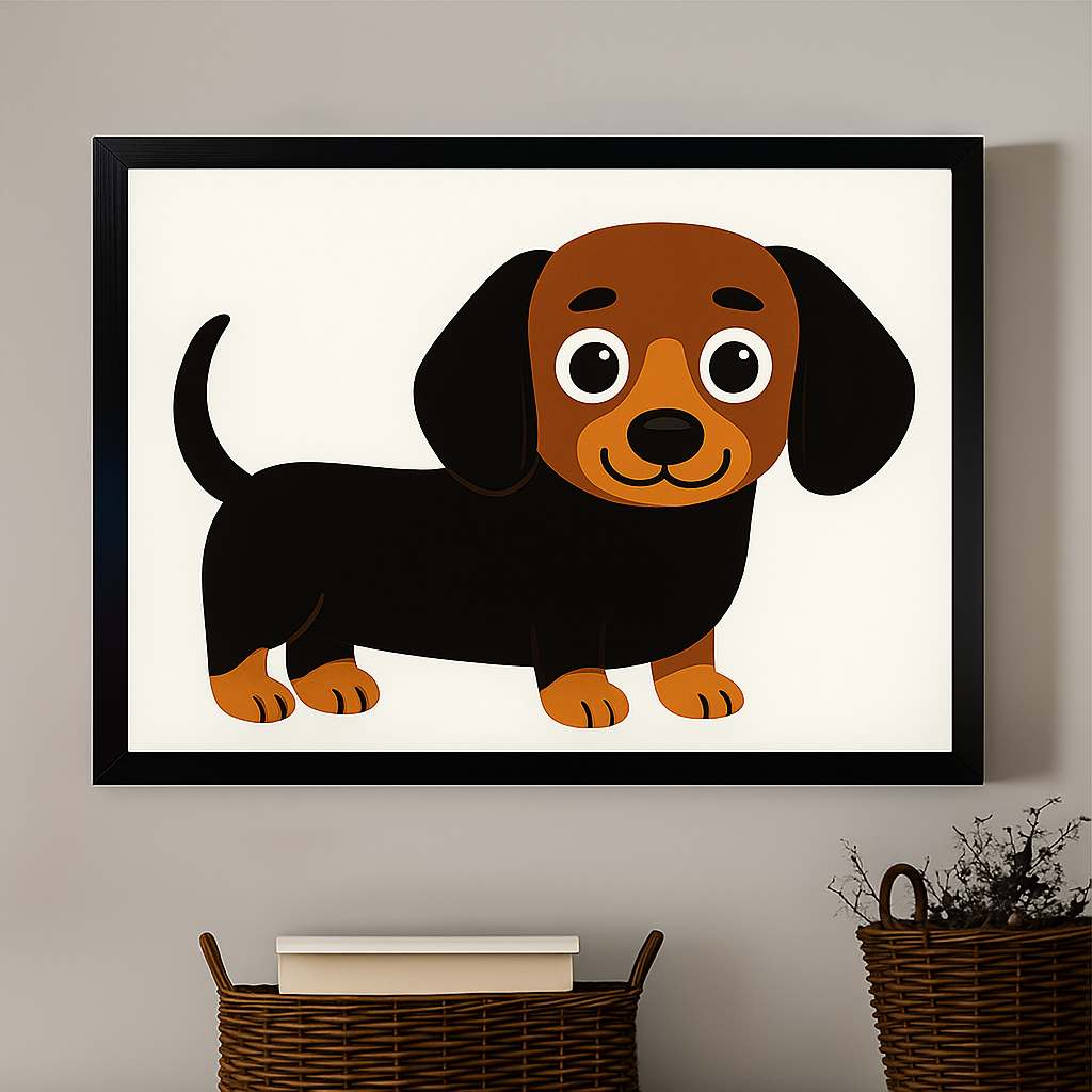 Cute Dachshund Cartoon – Minimalist White Framed Wall Art | vexyla #M3193