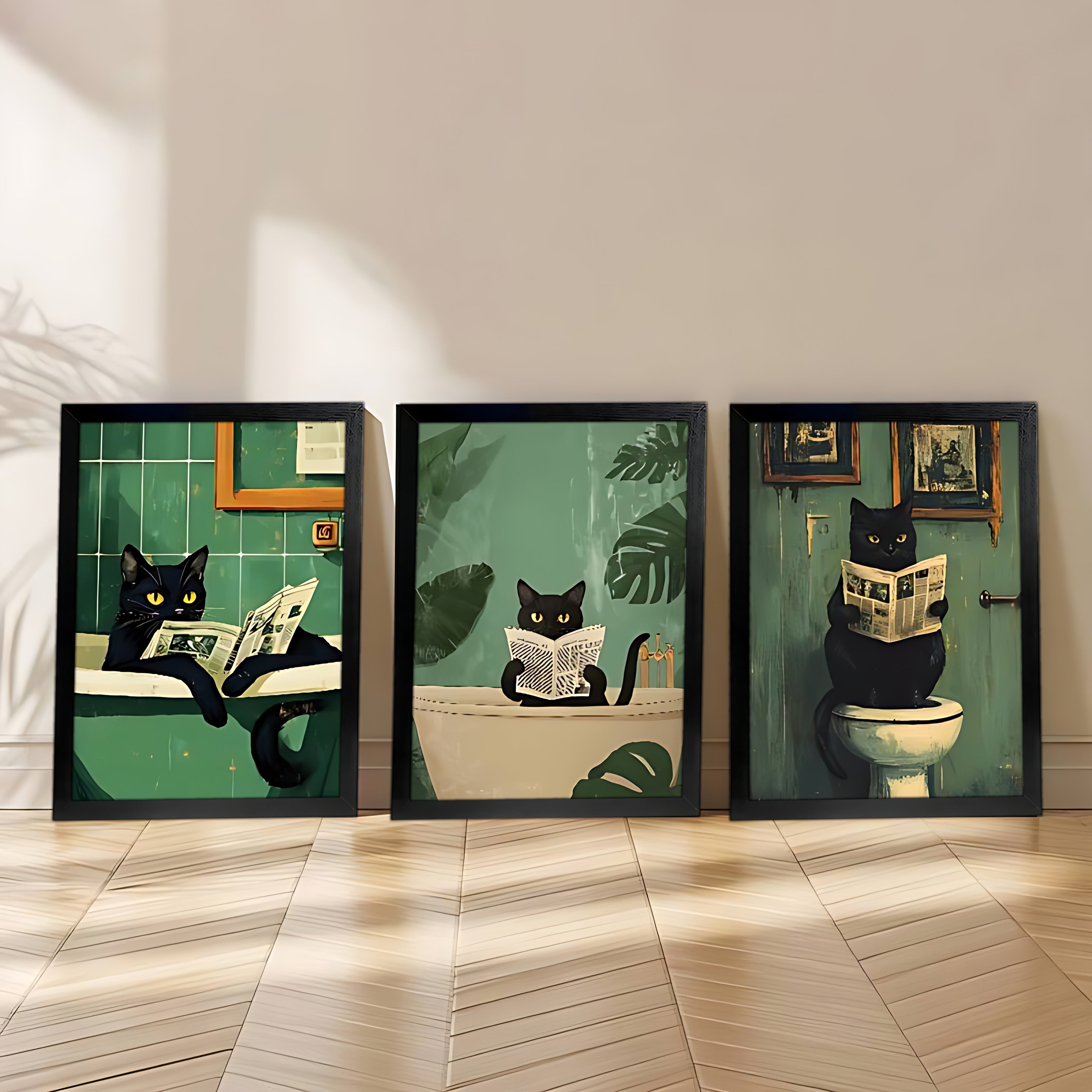 3PC Black Cat Reading Canvas Wall Art – Playful Bathroom Decor | vexyla #ZH2001