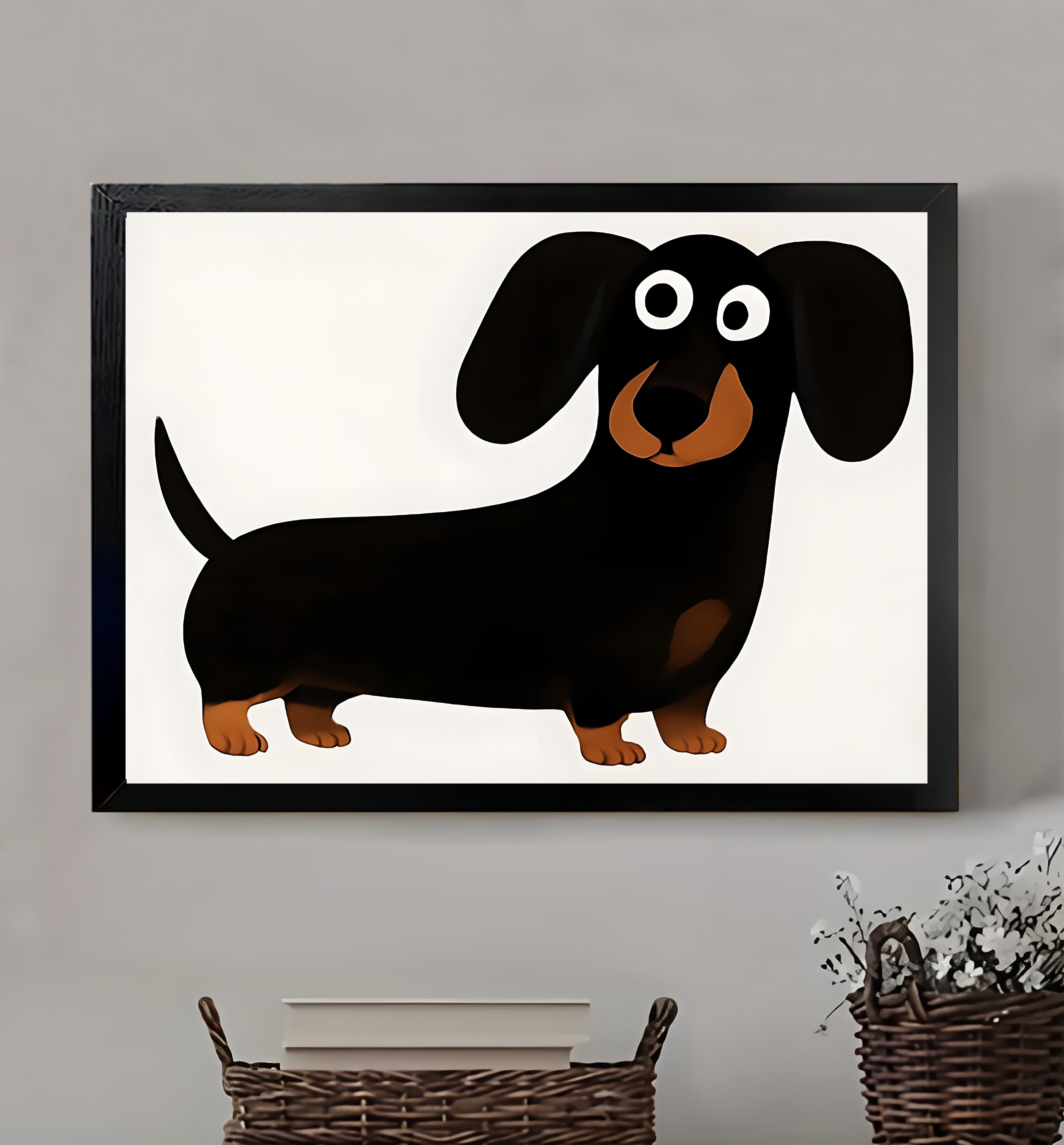 Cute Dachshund Cartoon – Minimalist White Framed Wall Art | vexyla #M3202