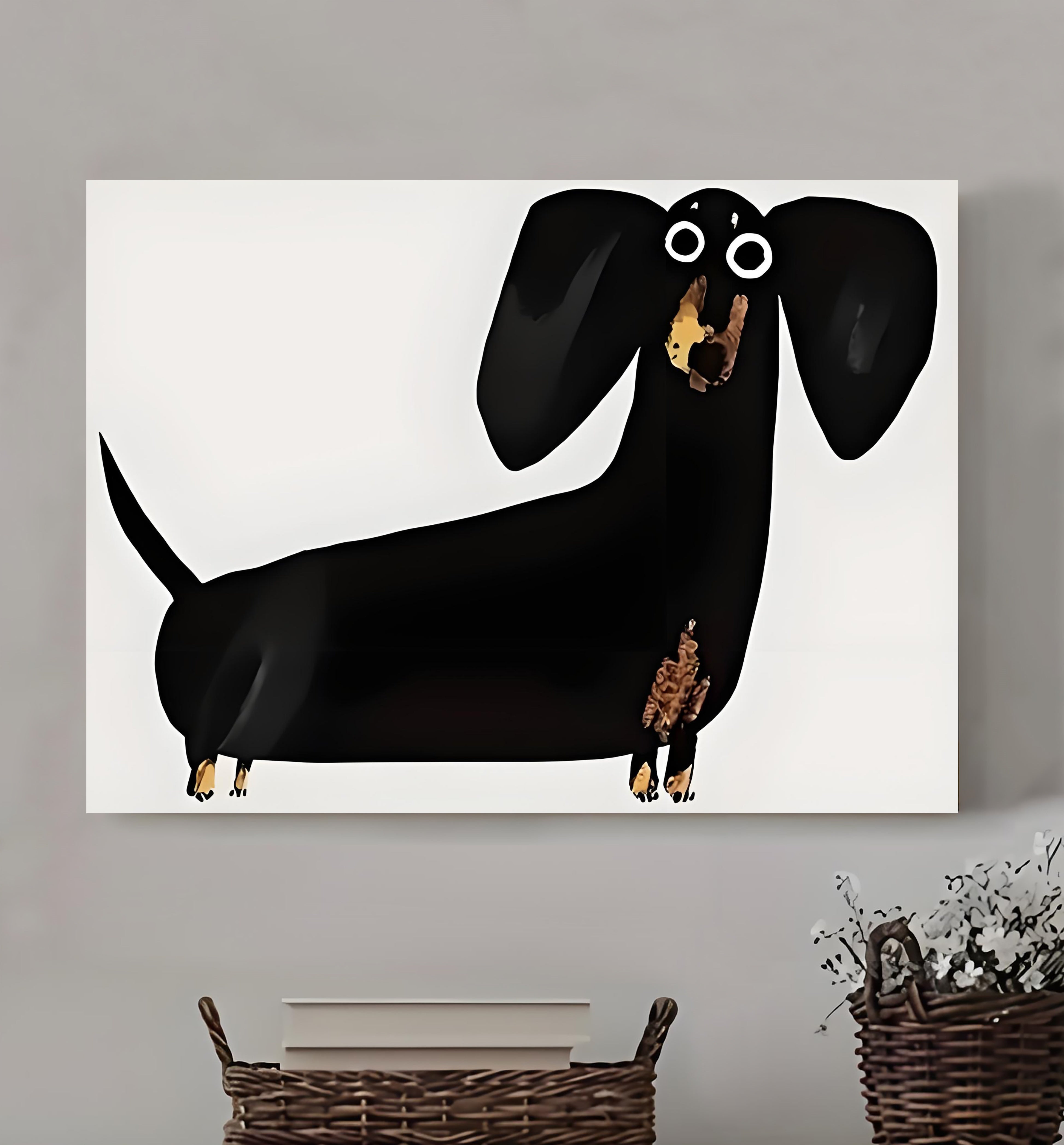 Cute Dachshund Cartoon- Minimalist White Canvas Wall Art| vexyla #F2039