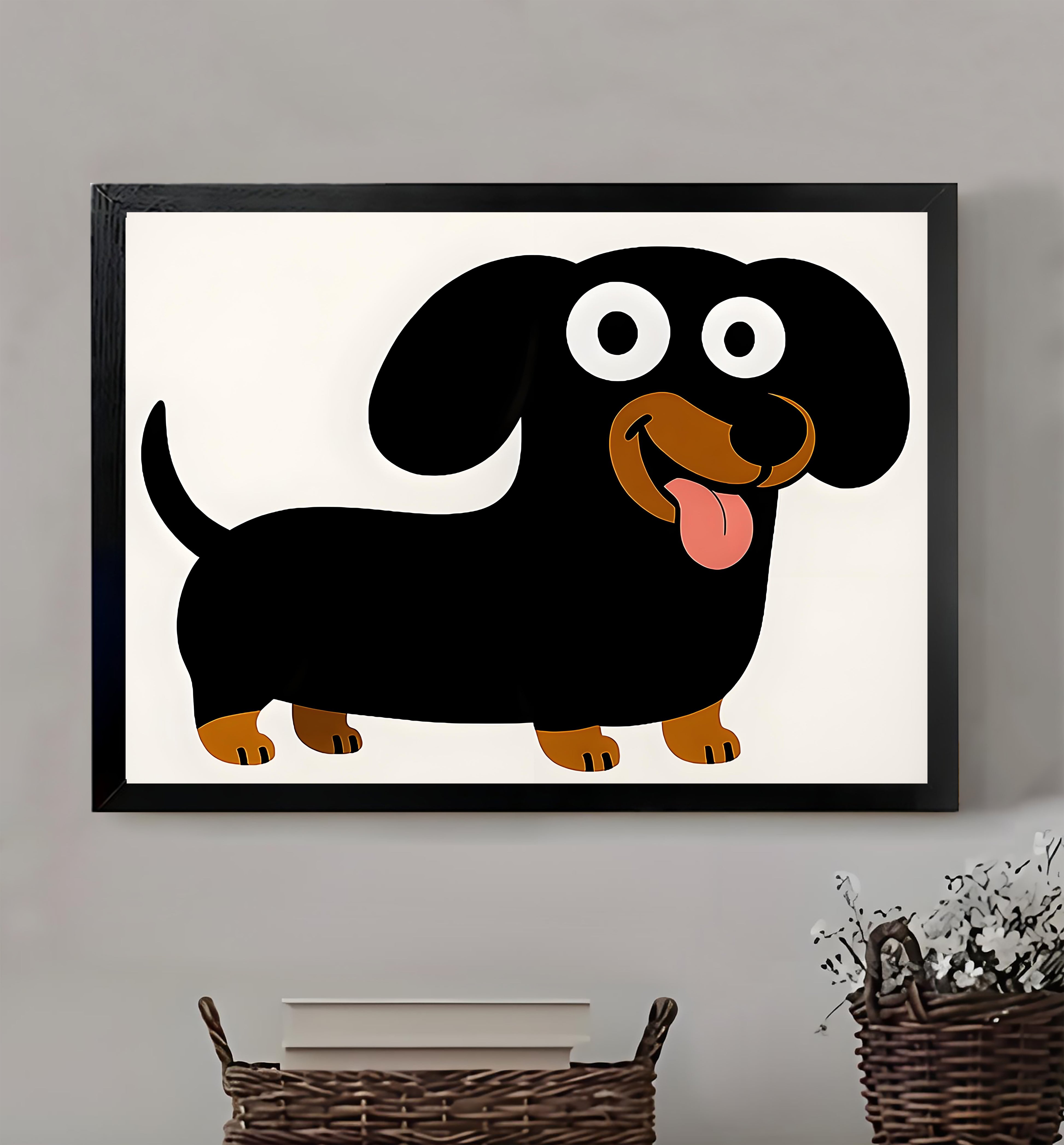 Cute Dachshund Cartoon – Minimalist White Framed Wall Art | vexyla #M3203
