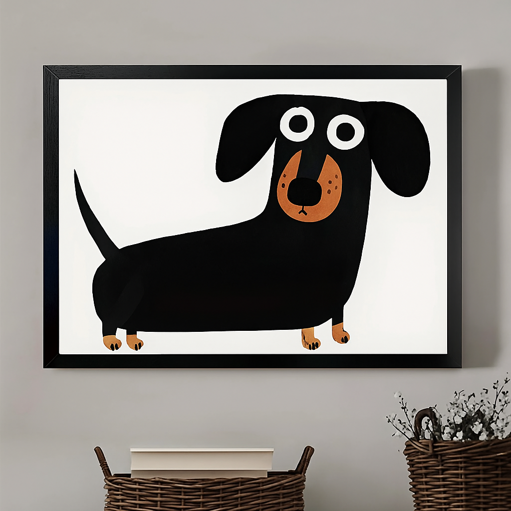 Cute Dachshund Cartoon – Minimalist White Framed Wall Art | vexyla #M3191