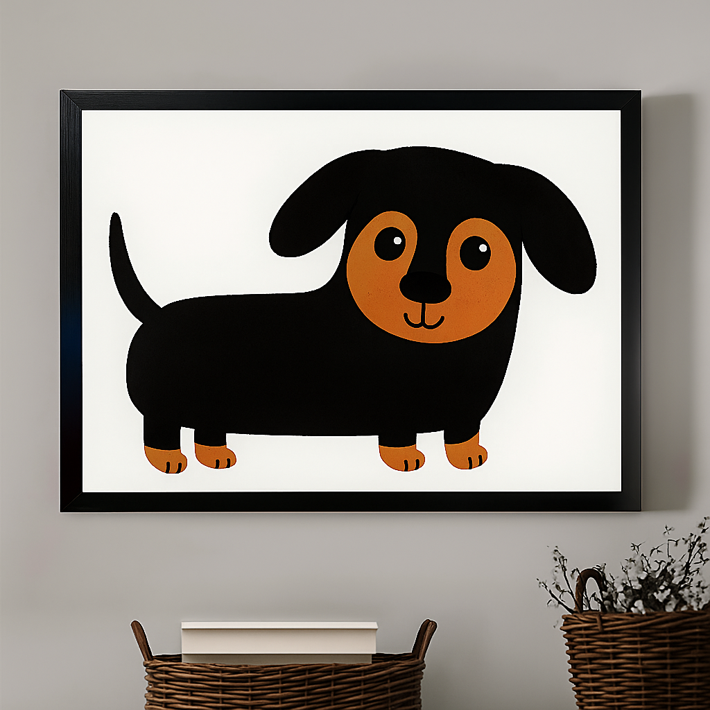 Cute Dachshund Cartoon – Minimalist Black Framed Wall Art | vexyla #M3192